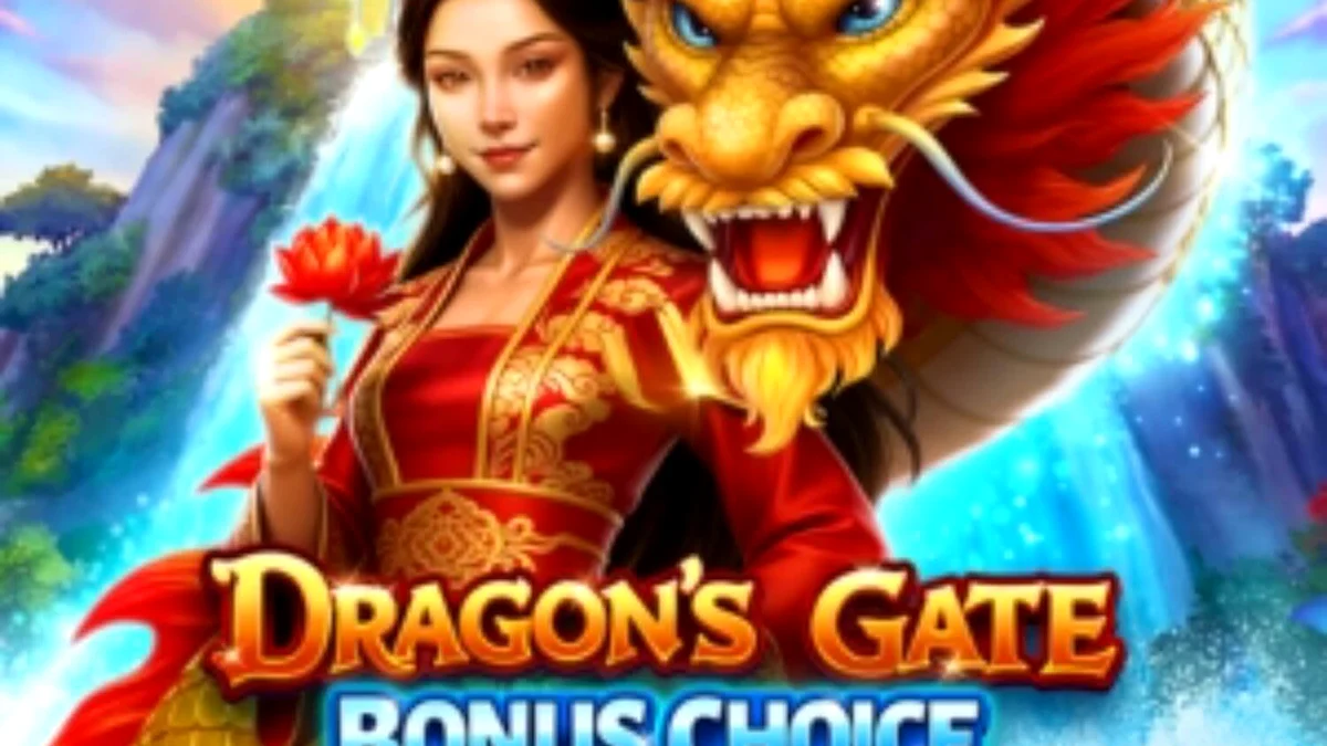 Captura de tela do jogo Dragon’s Gate Bonus Choice, mostrando a grade de 5 rolos com símbolos de dragões, moedas e flores de lótus, em um cenário de montanhas místicas e cachoeiras coloridas.