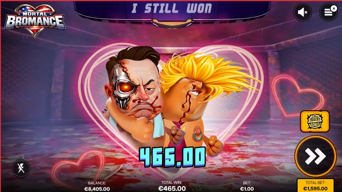 Interface do jogo de slot Mortal Bromance com personagens caricatos no ringue