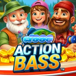 Captura de tela do jogo de slot Action Bass, mostrando os símbolos de peixe e o cenário subaquático.